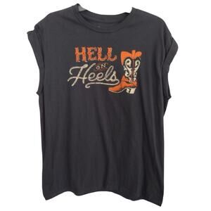 American Highway Black HELL ON HEELS Cowgirl Boot Rolled Sleeve Muscle Tee Large